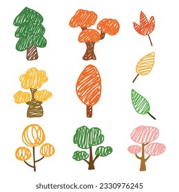 Set of cute tree doodle handdrawn. elements of nature