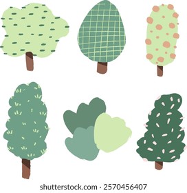 Set Cute Tree Illustration. Green Tree Hand Drawn element. botanical set of bare trees and ones with leaves and lush limited pastel color.
