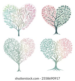 Set cute tree line artvfor Valentine's day element