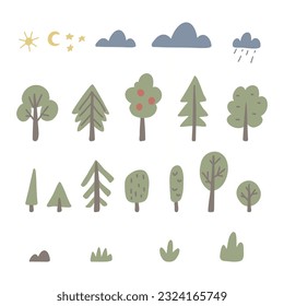 Set of cute trees, grass, fir-trees, clouds, sun, moon, stars. Vector illustration for kids design.