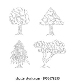 Conjunto de árboles bonitos y abetos con un frondoso follaje y raíces. Objetos aislados en blanco y negro en el fondo blanco para colorear páginas. Ilustración de estilo plano.
