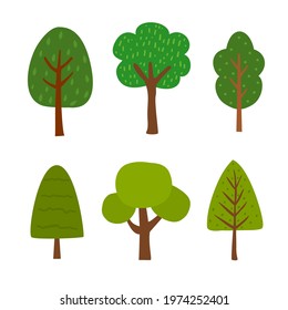 set of cute trees vector with different shape in flat design, cartoon plant icon for decorated web or logo