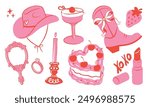 Set of cute trend illustrations of hand drawn sketch girly cowgirl hat, cowboy boots, coquette bows, birthday cake, women