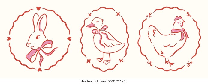 Set of cute trend illustrations of hand drawn sketch Easter theme, whimsical round frames, rabbit, duck and chicken, coquette bows, pink color. For a greeting card