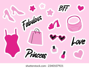 Set of cute trendy girly pink stickers. Pink bag, swimsuit, shoes, sunglasses and nail polish. Lettering fabulous, princess, bff, love.