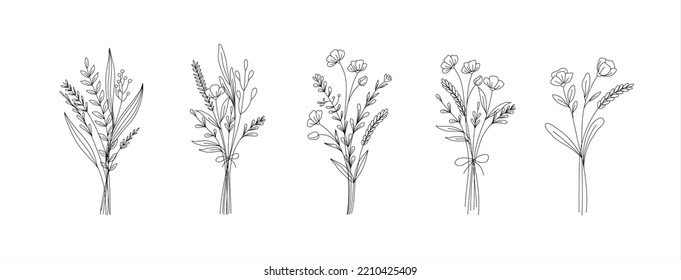 Set of cute trendy hand drawn floral bouquets. Vector line flower illustrations for stories highlights, greeting card or invitation and logo design