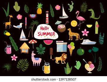 Set of cute trendy hello summer icons food, drinks, cactus, flowers, palm leaves, fruits, ice cream, bungalow, hotel, boats, boats, leopard, lion, crocodile, llama and flamingo. Bright summer poster. 