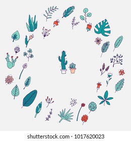set of cute trendy leaves and flowers