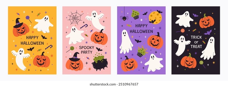 Conjunto de cartazes de Halloween minimalista da moda bonito com fantasmas engraçados, abóboras, morcegos e doces. Fundo de férias plano moderno. Modelo de design vetorial para cartões, capa, banner, folheto, web, mídia social.