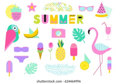 Set of cute trendy summer elements: food, drinks, palm leaves, fruits, flamingo, parrot and other. Vector elements for beach party. 