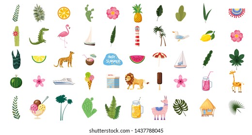 Set of cute trendy summer icons food, drinks, exotic plants, flowers, boats, animals, palm leaves, fruits and flamingos. Bright summer poster. Collection for design. Vector isolated