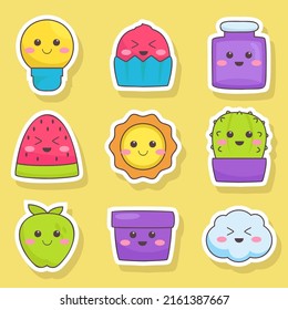 Set of cute trendy vintage sticker fashion badges with sweets, desserts and candies various shape in cartoon style, Vector illustration