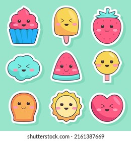 Set of cute trendy vintage sticker fashion badges with sweets, desserts and candies various shape in cartoon style, Vector illustration