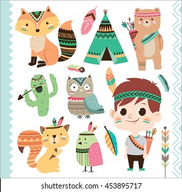 Set of cute tribal animals and a little boy in cartoon style