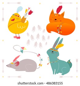 Set with cute tribal animals. Vector collection with fox, rabbit, duck, mouse and frame with arrows. Cartoon style