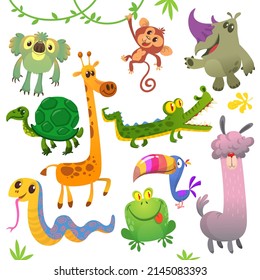 Set Of Cute Tropic Animals Isolated On White Background. Cartoon Koala Bear Monkey Rhino Turtle Giraffe Crocodile Tucan Snake Frog And Lama. Vector Illustration