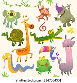 Conjunto de lindos animales tropicales aislados en fondo blanco. Caricatura de koala mono de oso rinoceronte de la tortuga de rinoceronte de la jirafa cocodrilo tucan snake frog y lama. Ilustración del vector