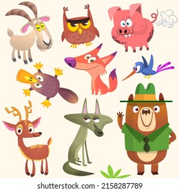 Set of cute tropic animals isolated on white background. Cartoon goat owl pig platypus fox bird deer wold and bear. Vector illustration svg