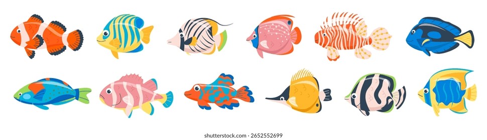 Conjunto de peixes brilhantes tropicais bonitos. Caracteres de recifes de corais subaquáticos, peixes exóticos. Peixe tropical salgado, peixe-palhaço, espadarte, peixe-anjo imperador ilustração vetor plana isolado no fundo branco.