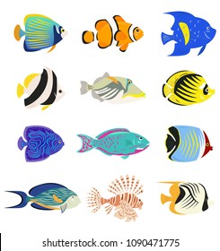 Set of cute tropical fishes on white background. Vector illustration.