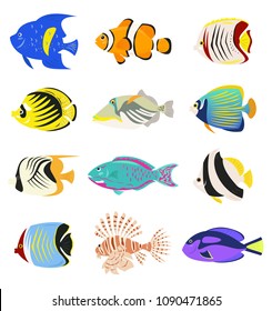 Set of cute tropical fishes on white background. Vector illustration.