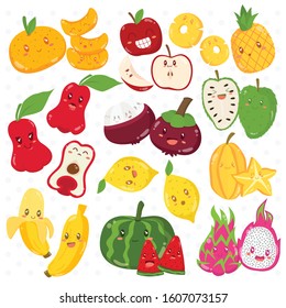 Set of cute tropical fruits with different expressions, cartoon vector. Fruits with funny faces.