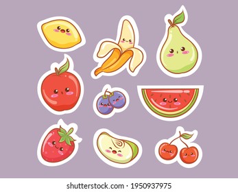 set of cute tropical fruits in kawaii sticker style.