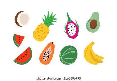 Conjunto de preciosas frutas tropicales. Piña exótica de verano, sandía, plátano, coco, fruta de dragón, papaya, aguacate. Ilustración de color vectorial