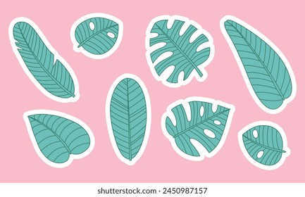 Set of cute tropical monstera plant in pot monstera leaves isolated on light background premade stickers. Colored trendy illustration in hand drawn flat cartoon style