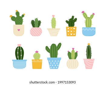 Conjunto de adorables cactus vectoriales tropicales en coloridas ollas. Hogares interiores exóticos - suculentos verdes florecientes al estilo de las caricaturas en una colección de pegatinas divertidas brillantes