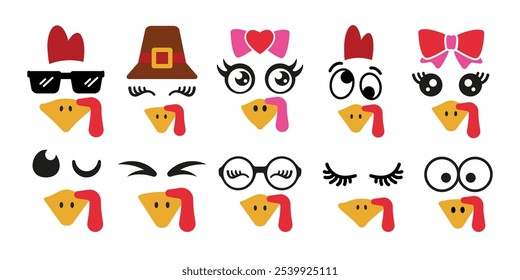 Set of cute turkey boy and girl faces designs for autumn holidays. Funny Thanksgiving elements for kids. Isolated vector illustration in flat style	