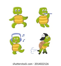 Set of cute turtle characters. A funny animal is brushing its teeth, listening to music with headphones, rollerblading. Vector illustration in cartoon style