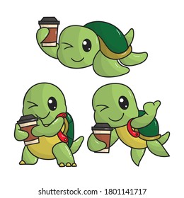 set of cute turtle coffee mascot logo with optional apprearance. premium kawaii vector