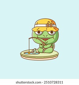 set Cute turtle fishing fish on island kawaii chibi character mascot illustration outline style design