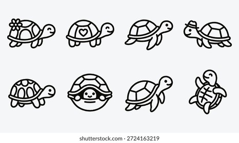 Set von niedlichen Schildkrötenillustrationen in verschiedenen lustigen Posen und Accessoires
