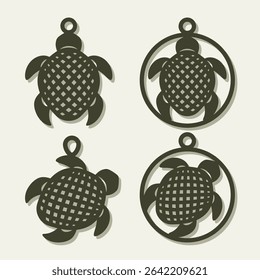 Set of cute turtle pendants. Hanging jewelry with a gold sea animal, mesh shell, paws. Template for plotter laser cutting of paper, fretwork, wood carving, metal engraving, cnc. Vector illustration.