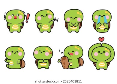 Conjunto de tortuga linda en varias sensaciones y poses.Emotional.Love.Hi.Angry.Sad.Reptile diseño de dibujos animados de carácter animal. Imagen para la tarjeta, etiqueta engomada, decorado, producto del bebé. Kawaii.Vector.