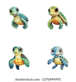 set of cute turtle watercolor illustrations for printing on baby clothes, sticker, postcards, baby showers, games and books, safari jungle animals vector