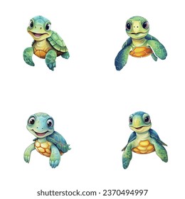 set of cute turtle watercolor illustrations for printing on baby clothes, sticker, postcards, baby showers, games and books, safari jungle animals vector