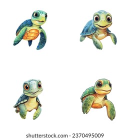 set of cute turtle watercolor illustrations for printing on baby clothes, sticker, postcards, baby showers, games and books, safari jungle animals vector