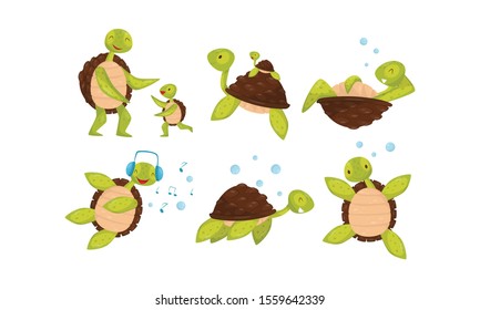 Set With Cute Turtles In Different Active Poses Vector Illustration Cartoon Character