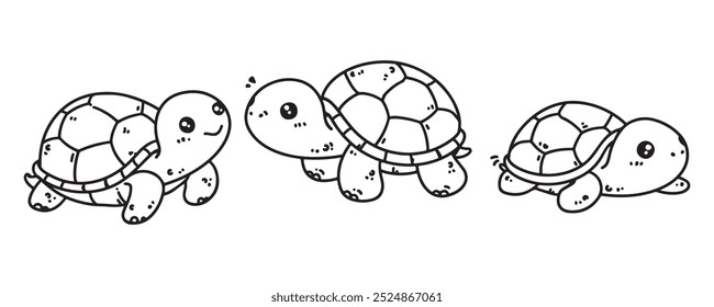 Set of cute turtles in hand-drawn vector illustration. Doodle line art style, isolated and easy to use, perfect for kids' creative projects and designs.