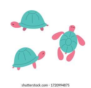 Set of cute turtles isolated on white background. Illustration in flat style 