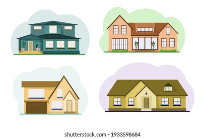 A set of cute two-story country houses. Attic, potted flowers on the windows. Flat design