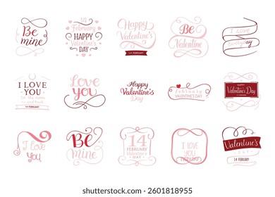 Set of Cute Typography Designs for Valentine’s Day Isolated on White background.