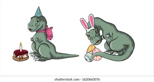 Set of cute tyrannosaurus rex in cartooms style. Hand drawn vector illustration of dynosaur  t-rex isolated on white background. Collection of childish dino art.
