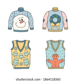 Set of cute ugly Christmas sweaters. Vintage winter clothes with various prints for party. Vector hand drawn illustration for your seasonal design, card template, banner, invitation, advertising,flyer