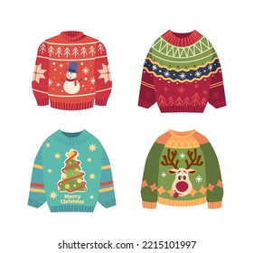 Set of Cute Ugly Christmas Sweaters with Snowman, Deer and Xmas Tree. Blue, Red And Green Winter Jumpers with Traditional Decor, Warm Knit Pullovers on White Background. Cartoon Vector Illustration