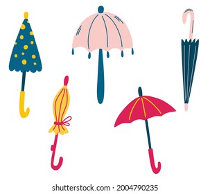 Set süße Regenschirme. Regenwetter. Stilvoller Herbst. verschiedene lustige Farben, geschlossene und offene Regenschirme. Flache Cartoon, Vektorgrafik einzeln auf weißem Hintergrund.