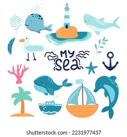 set with cute undersea inhabitants in masks. Creative childish background. Perfect for kids apparel, fabric, textile, nursery decoration,wrapping paper.Vector Illustration.